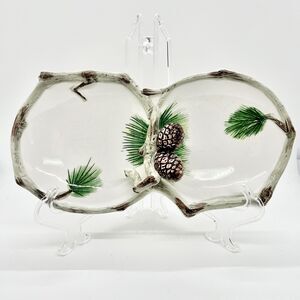 Vtg Lefton Pinecone Dish Double Sided Handle Raised Design Holiday Nuts Candy